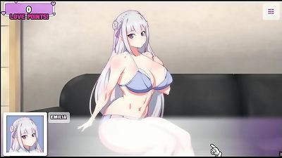 Waifu Hub [PornPlay Parody hentai game] Emilia from Re-Zero couch casting - Part1 very first time porn shooting for that innocent elf