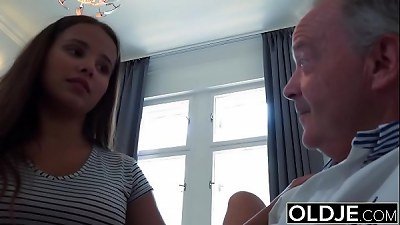 Old Young Big Tits Teen Gives Titjob and gets facial from Grandpa in bed