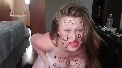 enormous large futile pig degrading herself | body writing |hair pulling | self slapping