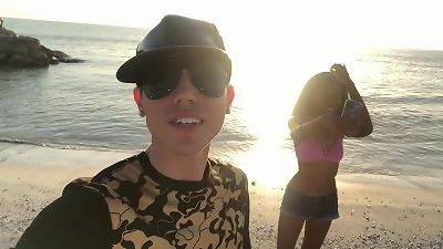 Aiden and astronaut lady at the beach