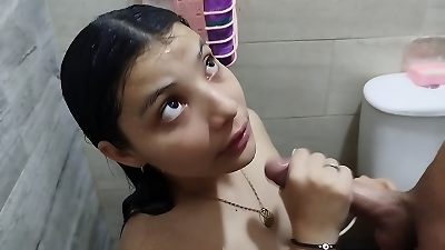 stunning stepsister in her hot shower gets horny and her stepbrother spies on her, but she gives him a deep throat to gulp his cum - Spanish porn